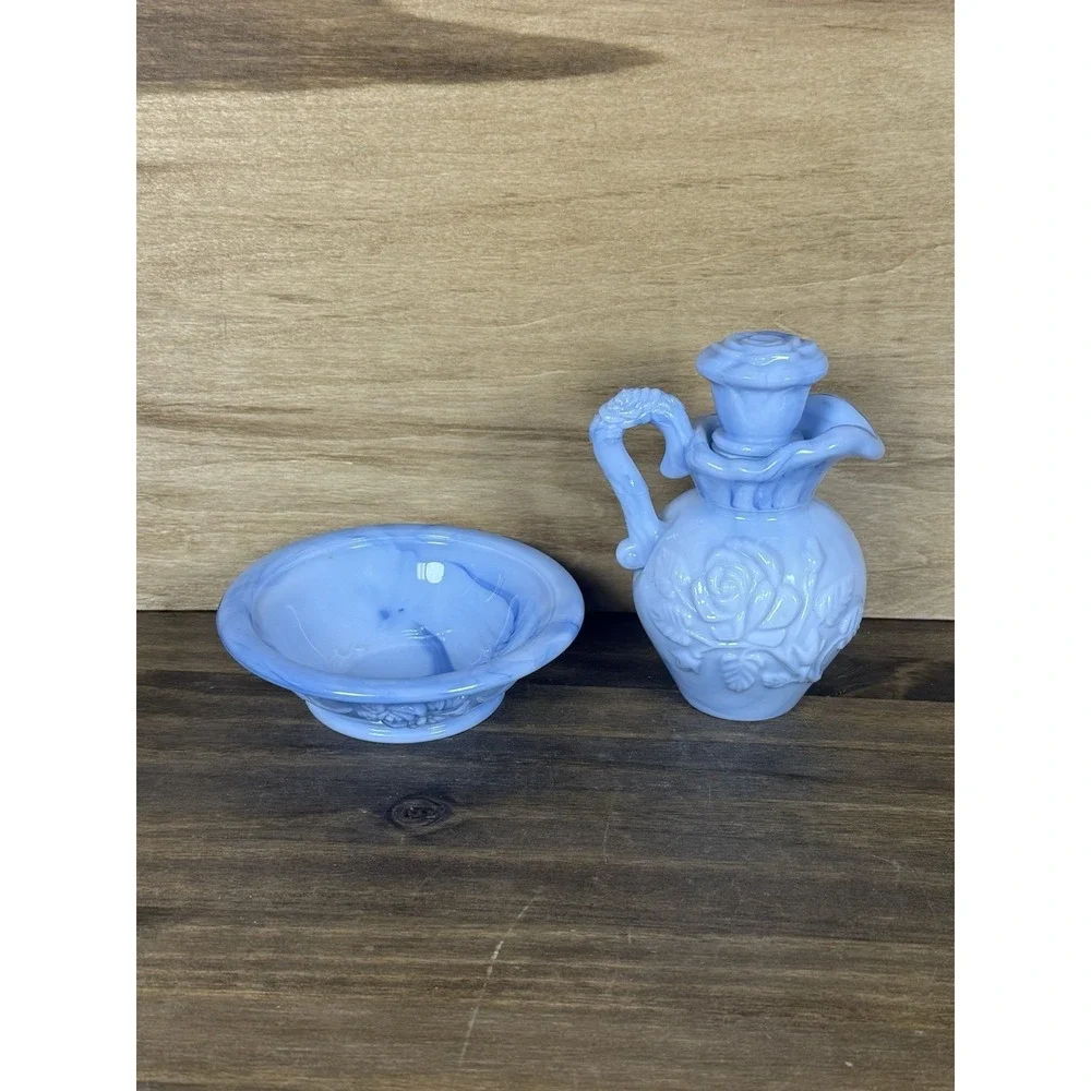 VTG Avon Blue Glass‎ Pitcher Bowl Soap Set Blue Slag Milk Glass W/ Original Soap